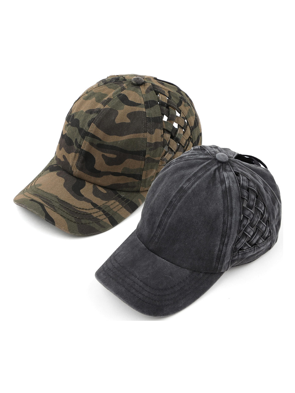 Criss Cross Ponytail Cap, Messy Bun Distressed Baseball | Black, Green | Size OS